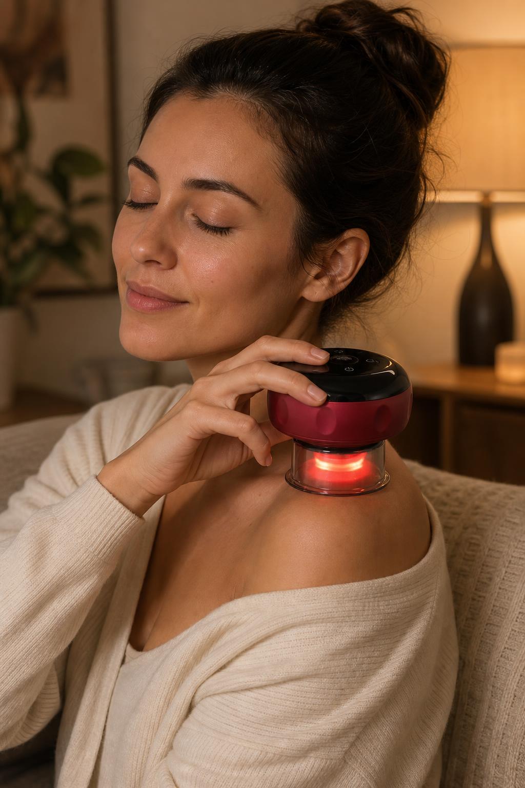 Using the cupping massager on the shoulder at home